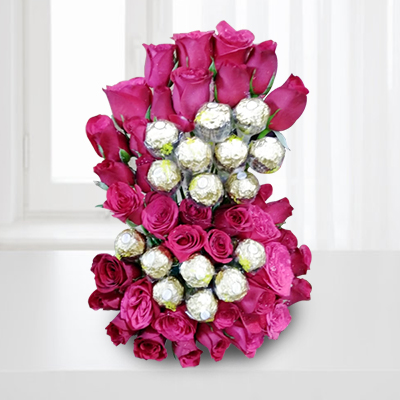 "S Letter Shape Red Roses Flower with Ferrero Rocher Basket(Krish) - Click here to View more details about this Product